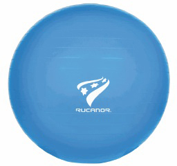 Blauer Gymnastikball mit Rucanor-Logo auf weißem Hintergrund