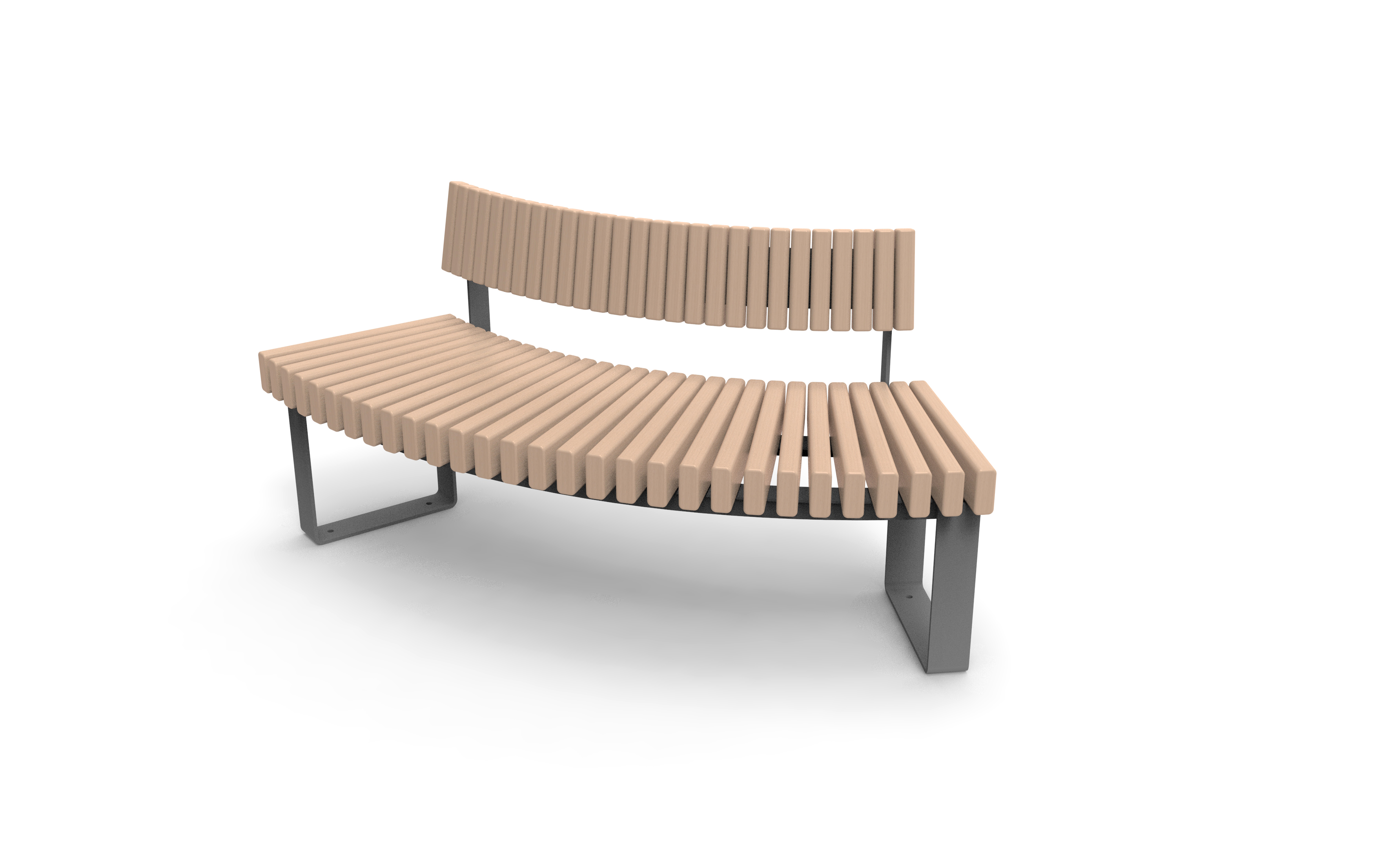 Geschwungene Sitzbank aus Holzlatten mit Metallgestell in modernem Design