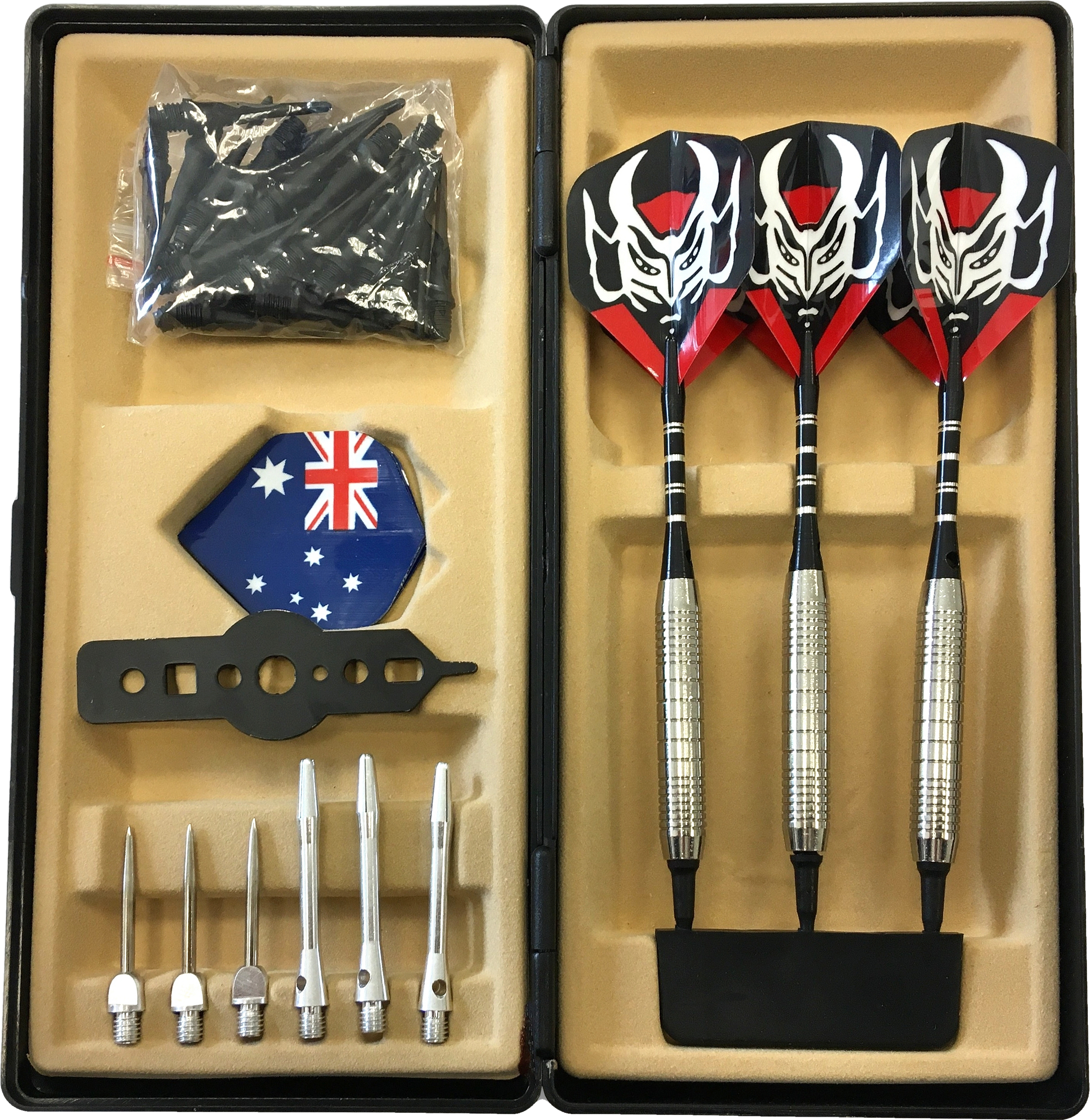 Dart-Set im Etui mit drei Darts, Ersatzspitzen, Flights und Zubehör