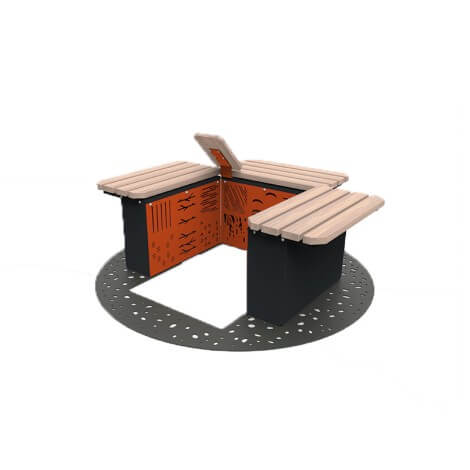 Runde Sitzbank mit Holzlatten und orangem Stahlelement, ideal für Parks