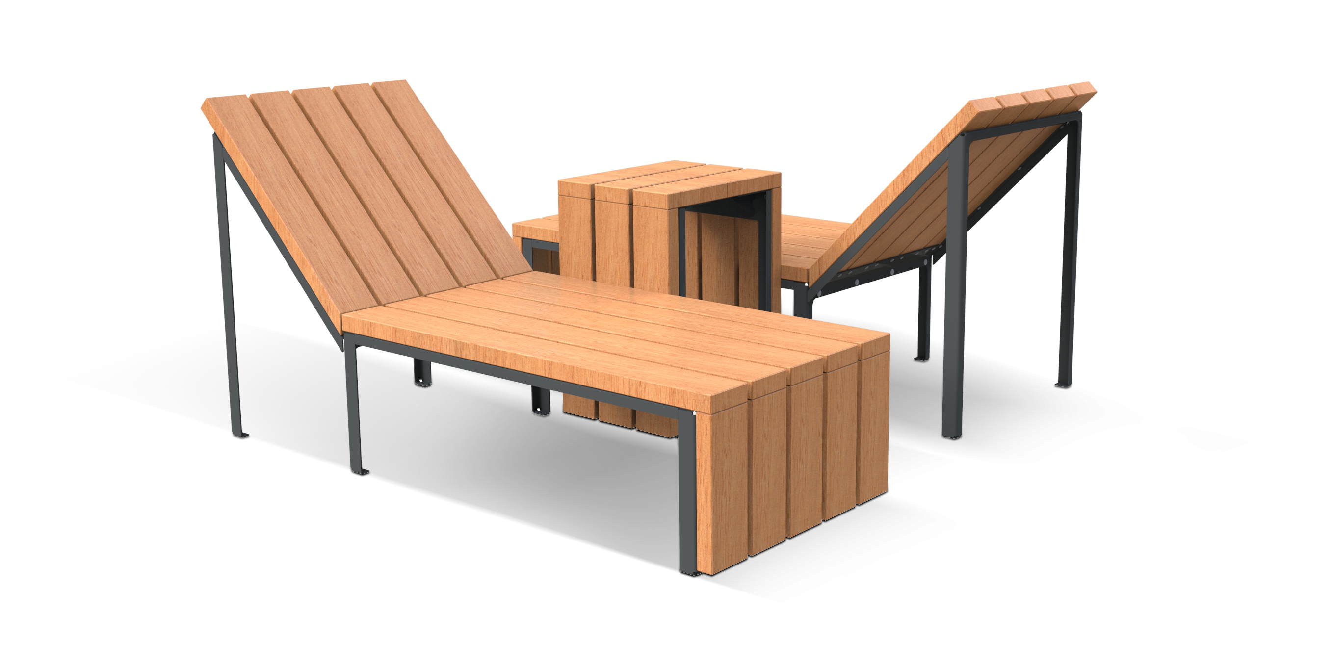 Zwei moderne Liegestühle aus Holz mit Metallrahmen und einem integrierten kleinen Tisch, ideal für den Außenbereich.