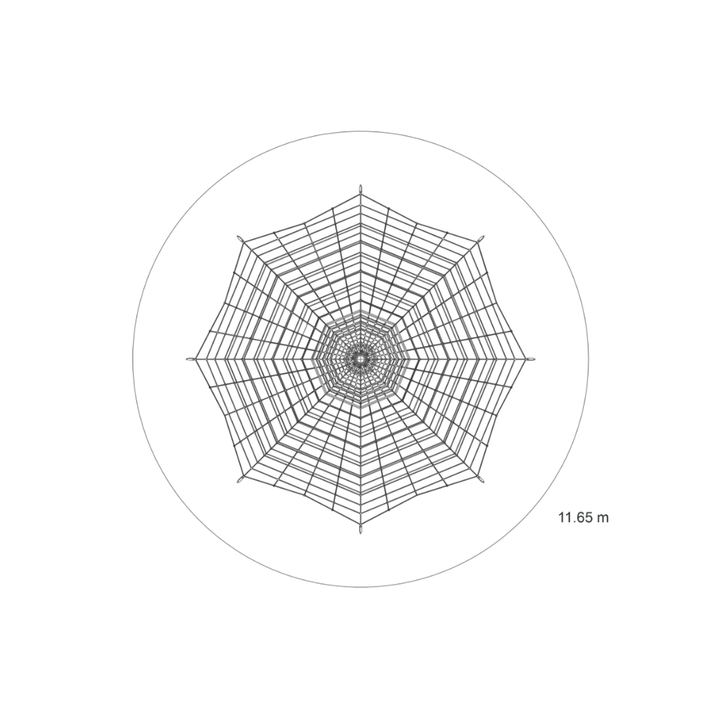 Vue technique en plan de la pyramide à grimper type 750-95 avec sol en filet de Ullman, surface de jeu circulaire de 11,65 m avec filet à cordes complexe Hercules selon DIN EN 1176
