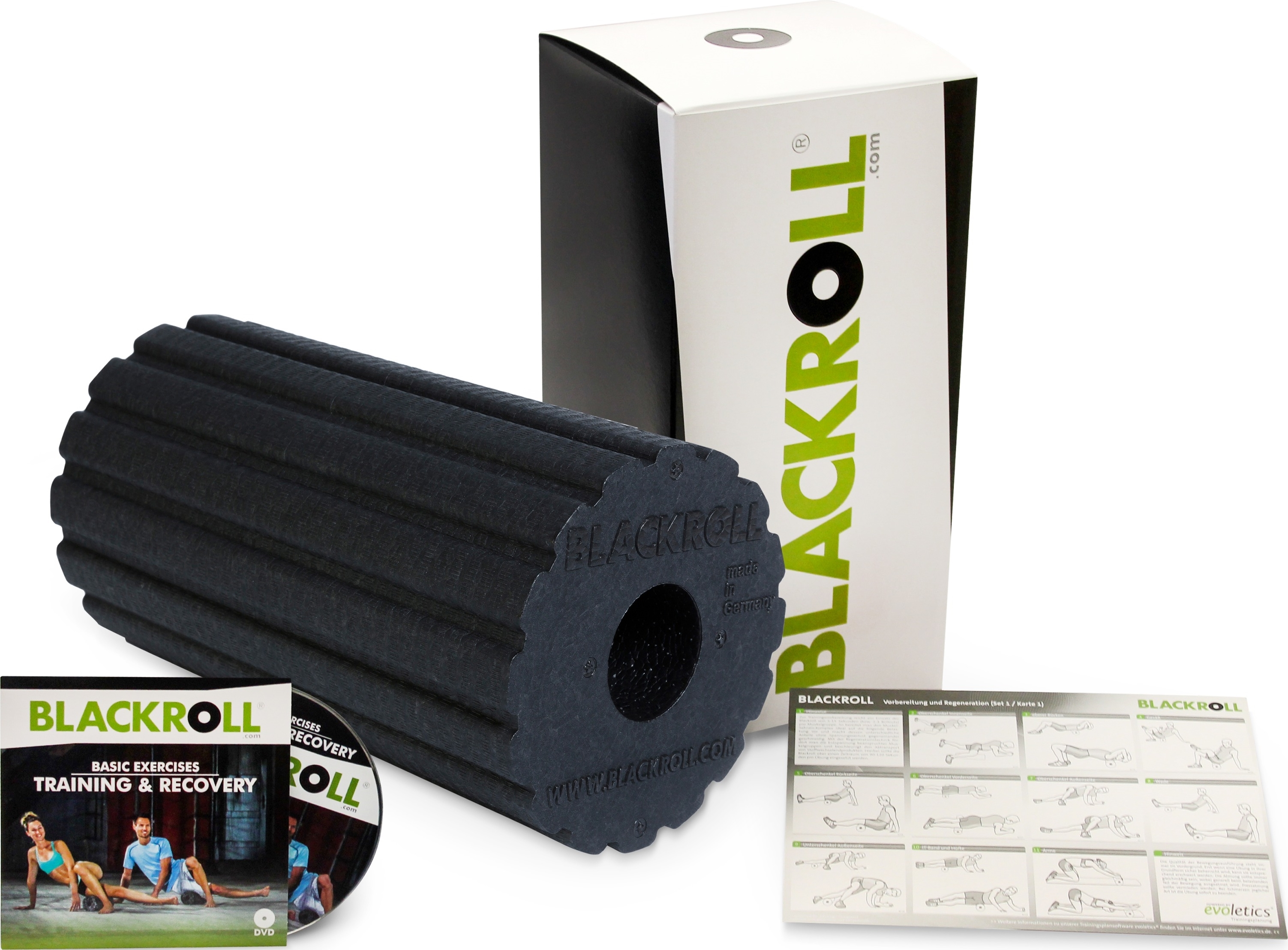 Un rouleau de fascia BLACKROLL, un DVD d'exercices et un mode d'emploi imprimé, emballés dans une boîte.