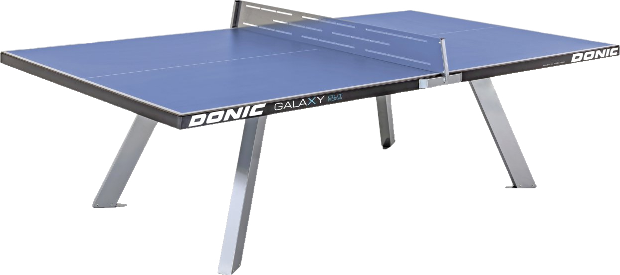 Blaue Donic Galaxy Outdoor Tischtennisplatte mit stabilem Untergestell und Netz, geeignet für den Einsatz im Freien