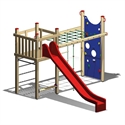 Illustration d'une tour de jeux pour enfants avec toboggan rouge, filet à grimper et mur d'escalade bleu