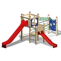 Structure à grimper avec deux toboggans rouges et filet de jeu