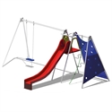 Set d'aire de jeux comprenant une balançoire, un toboggan rouge et un mur d'escalade bleu avec prises d'escalade.