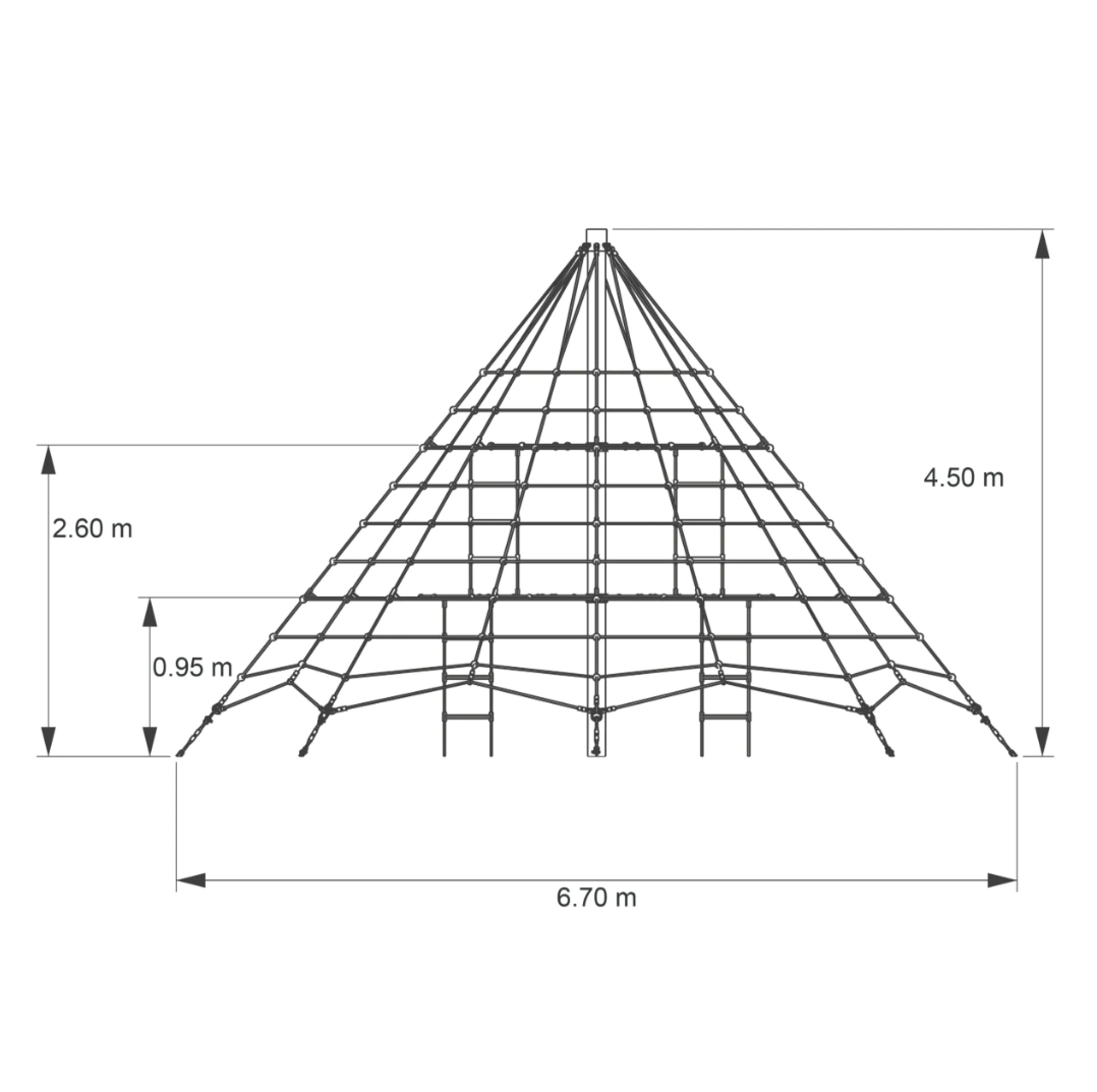 Dessin technique de la pyramide à grimper Ullman Type 450-95 avec filet Hercules, hauteur de chute 95 cm, hauteur 4,50 m et largeur 6,70 m pour les aires de jeux publiques
