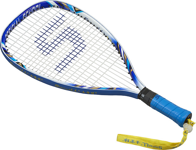 Ein blauer Speedminton-Schläger mit einem gelben Griffband auf weißem Hintergrund
