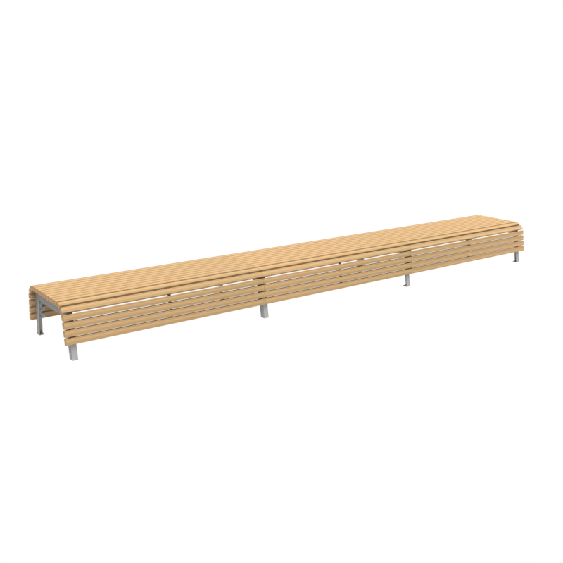 Lange Bank aus Holzlatten mit Metallbeinen, ideal für Parks und öffentliche Plätze.