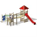 Illustration d'un portique de jeux multifonctionnel avec toboggan et différentes structures de jeux pour enfants