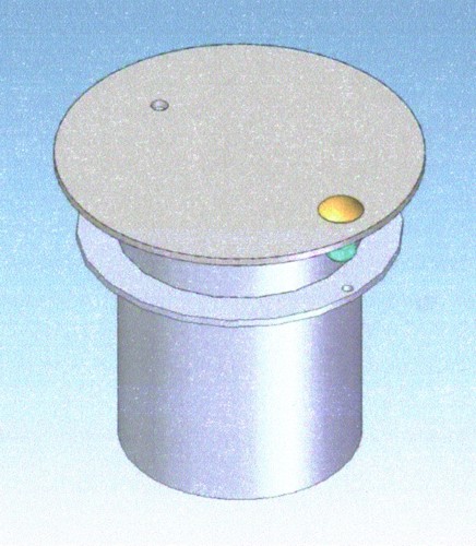 Illustration eines metallischen Zylinders mit einem runden Deckel und zwei Knöpfen