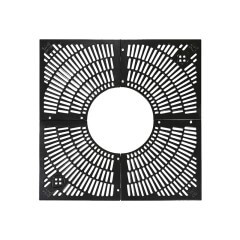Quadratischer Baumschutz aus schwarzem Stahl mit rundem Ausschnitt und Gitterdesign für den öffentlichen Raum.