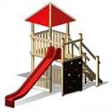 Spielanlage mit roter Rutsche, Kletterwand und Überdachung aus Holz für Kinder