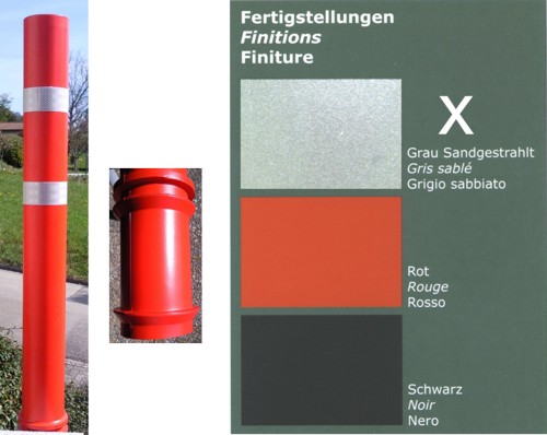 Ein roter Absperrpfosten neben einer Farbkarte mit den Optionen: Grau sandgestrahlt, Rot und Schwarz.