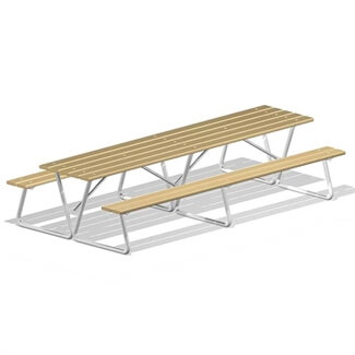 Rechteckiger Picknicktisch mit Holzbrettern und Metallrahmen, ideal für den Außenbereich