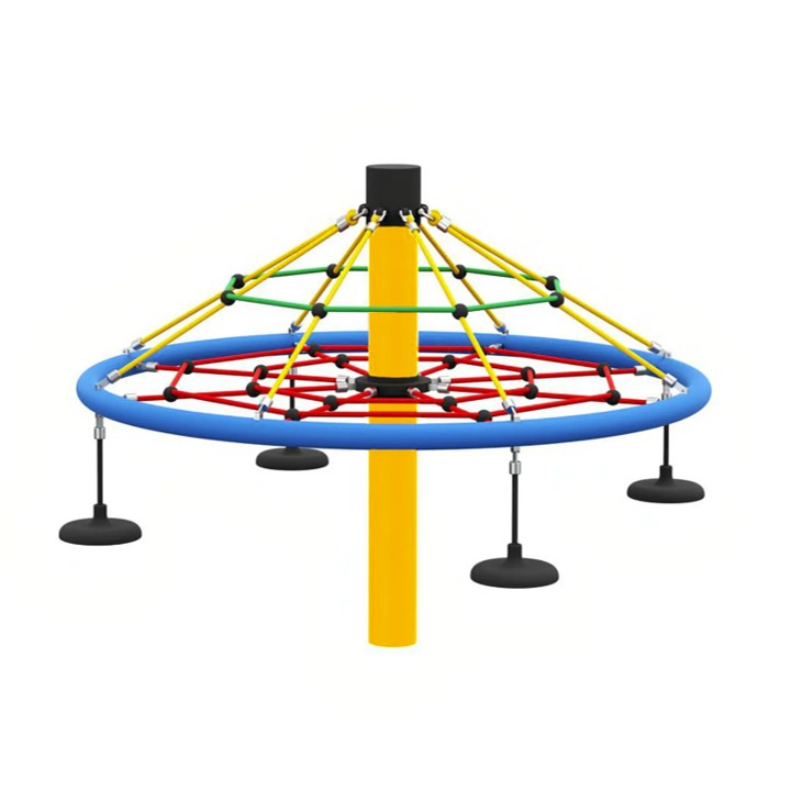 Farbenfroher Kletterturm Typ P von Ullman mit robustem Herkules-Seilnetz und Aluminium-Pfosten für öffentliche Spielplätze, geeignet für Kinder von 3–14 Jahren