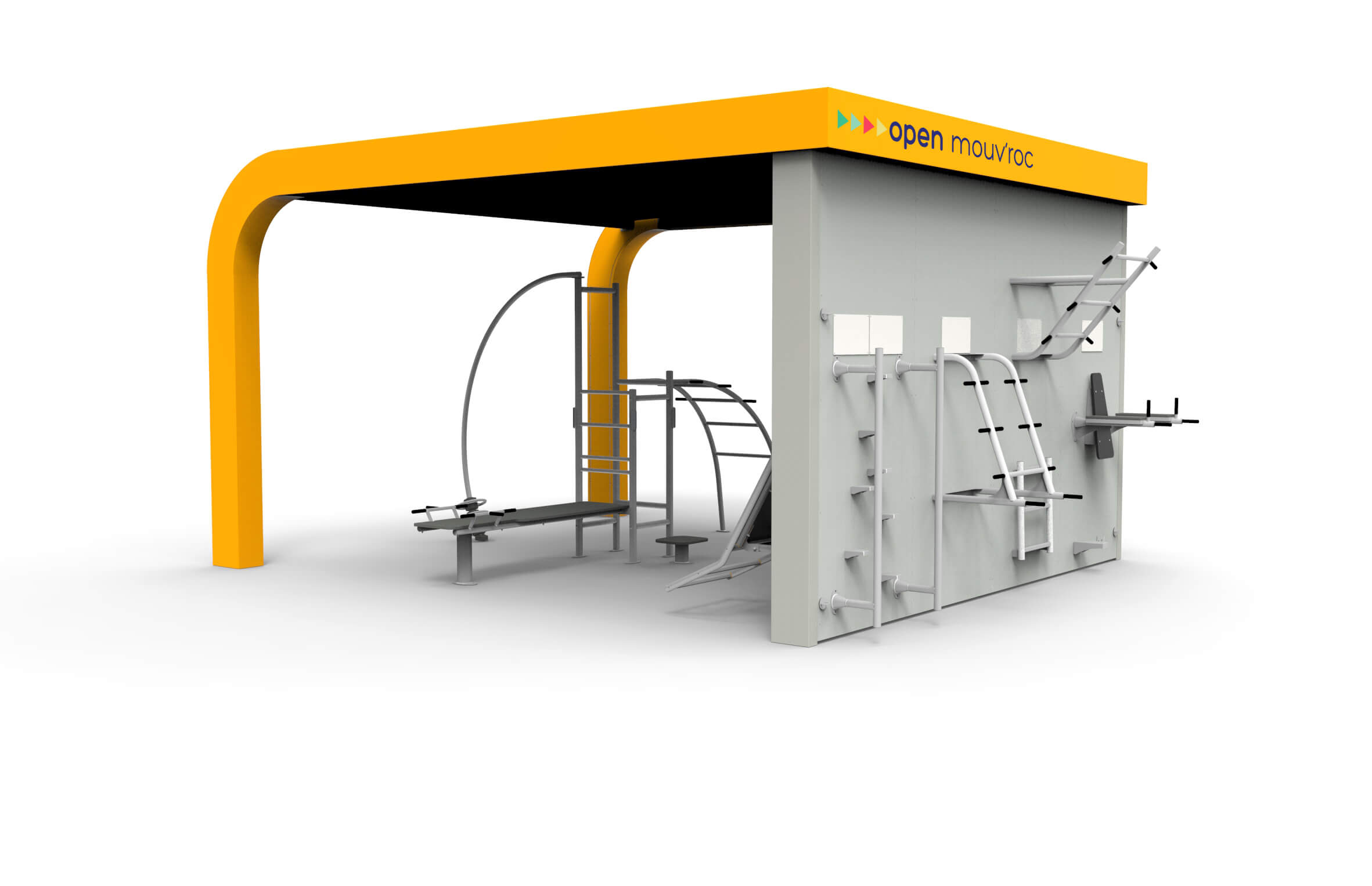 Appareil de fitness extérieur modulaire avec toit jaune pour différents exercices