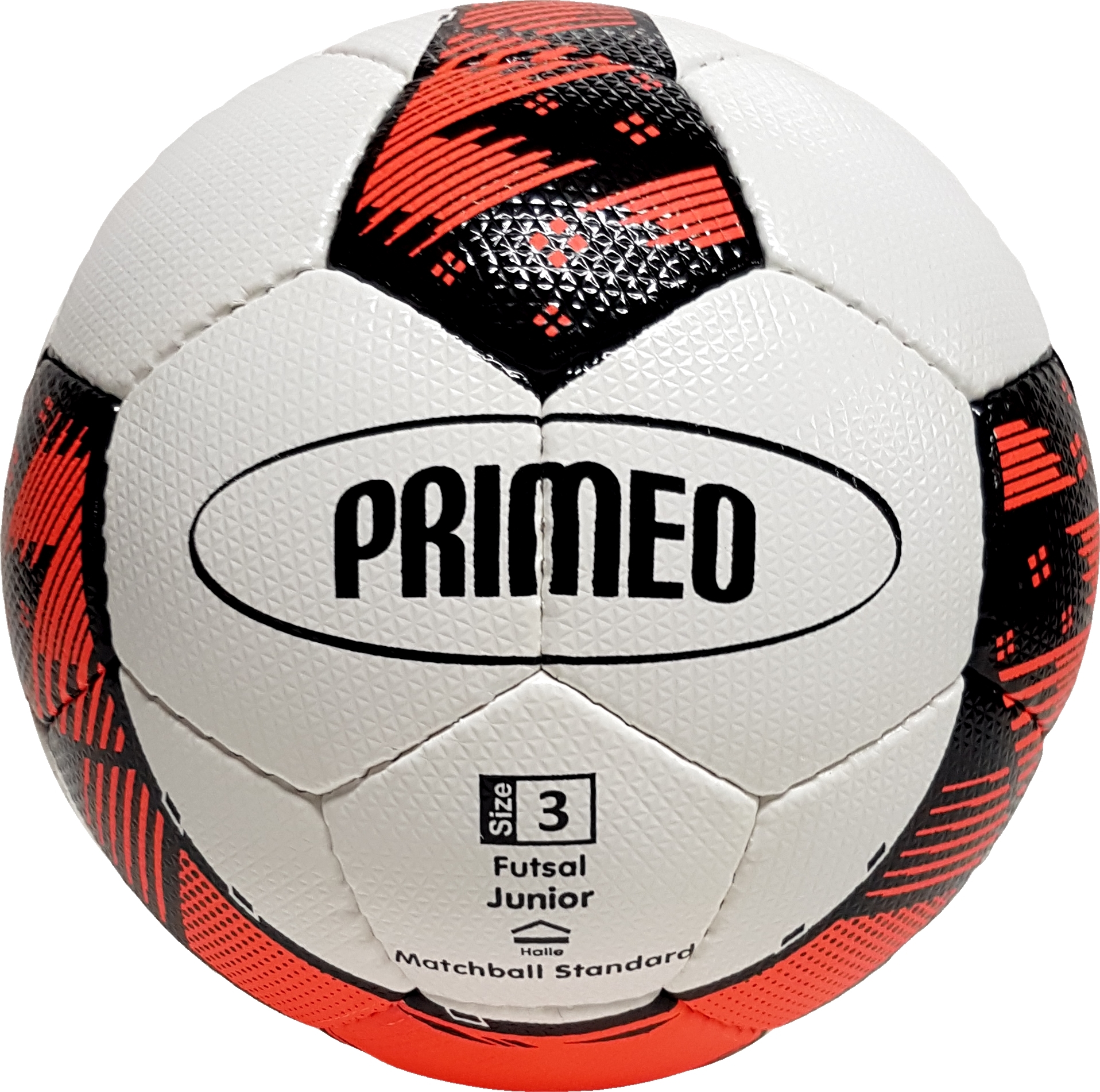 Futsal Ball der Marke Primeo, Größe 3, für Junioren, weiß mit schwarzen und roten Details