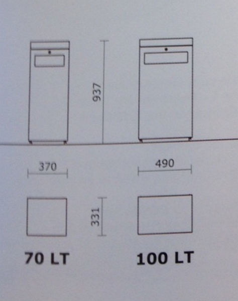 Technische Zeichnung von Mülleimern mit 70 und 100 Litern, Abmessungen 370x331 mm und 490x331 mm