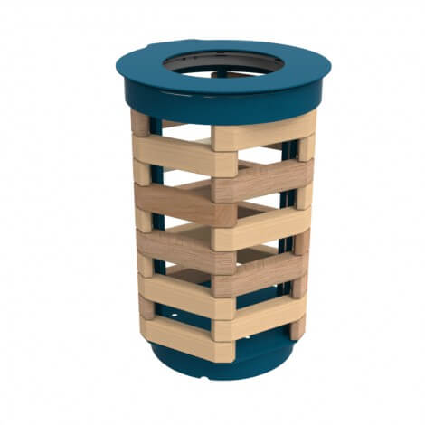 Ein stilvoller Abfalleimer aus Holz mit einem blauen Deckel, ideal für den Innen- oder Außenbereich