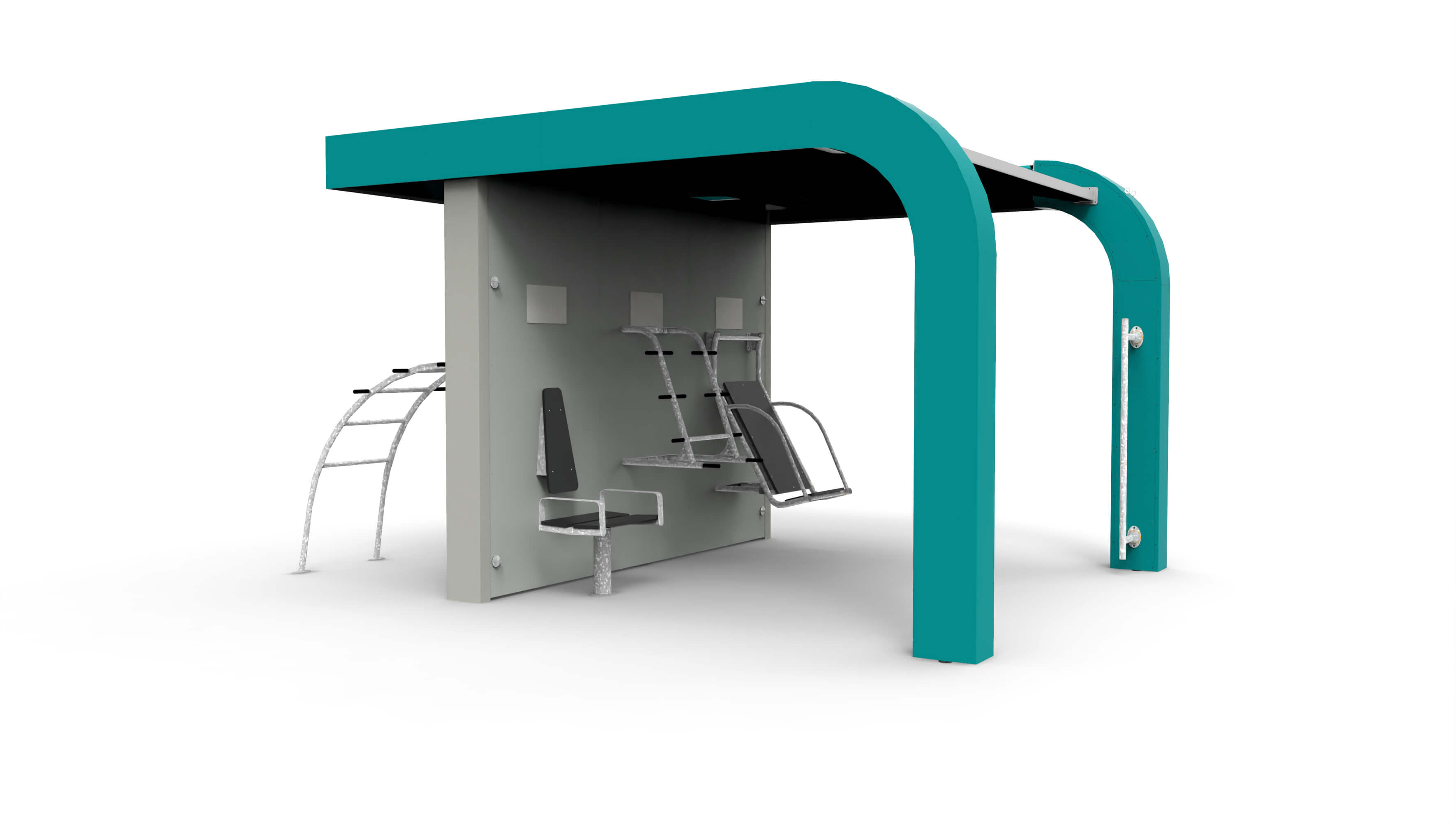 Station de fitness pour l'extérieur avec toit de protection et plusieurs appareils d'exercice