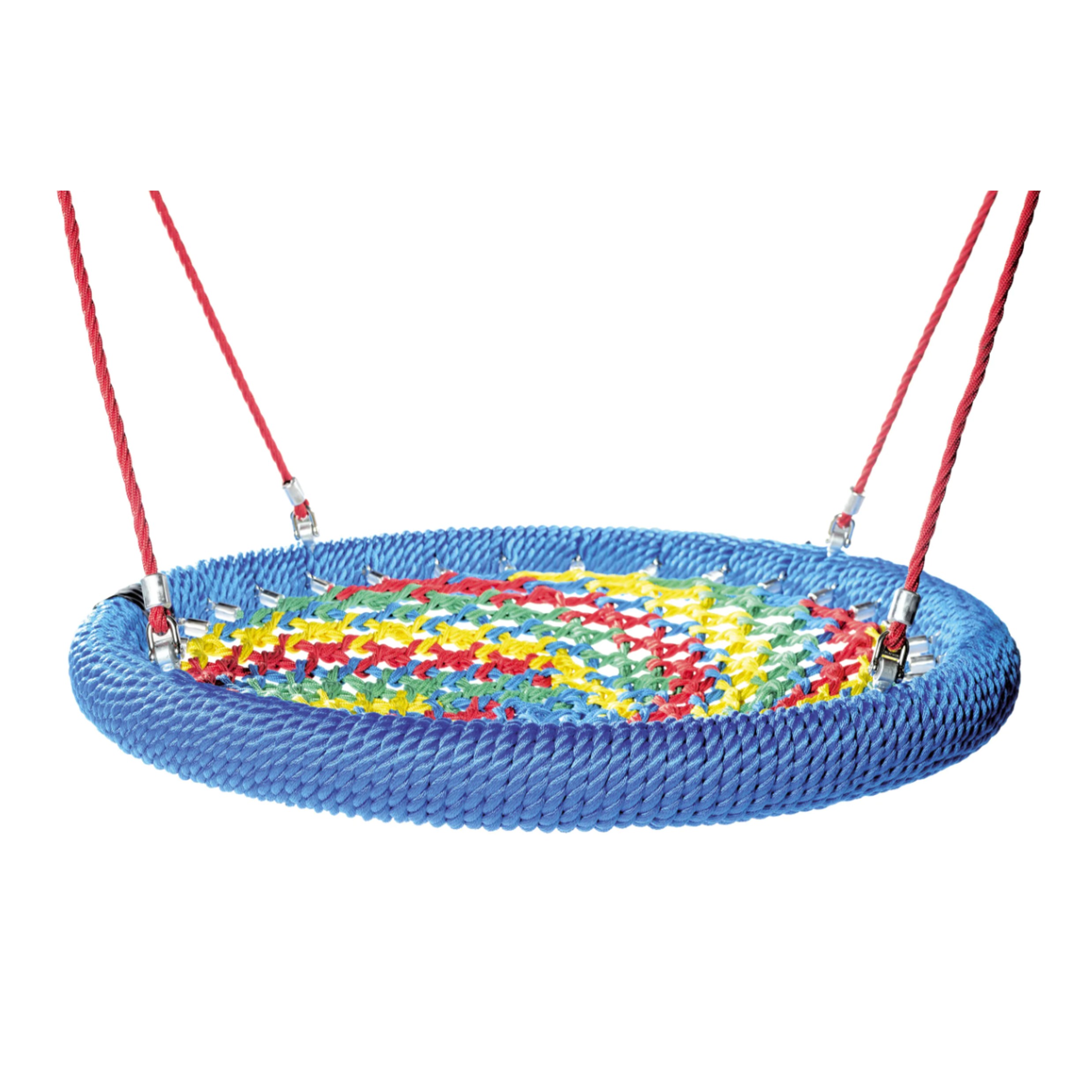 Runde Nestschaukel aus robustem blauen Seil mit farbigem Netzboden und roten Seilen zur Aufhängung