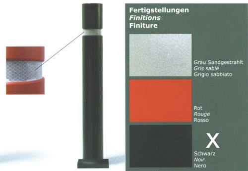 Pfosten mit reflektierenden Streifen, Farben: Grau Sandgestrahlt, Rot, Schwarz