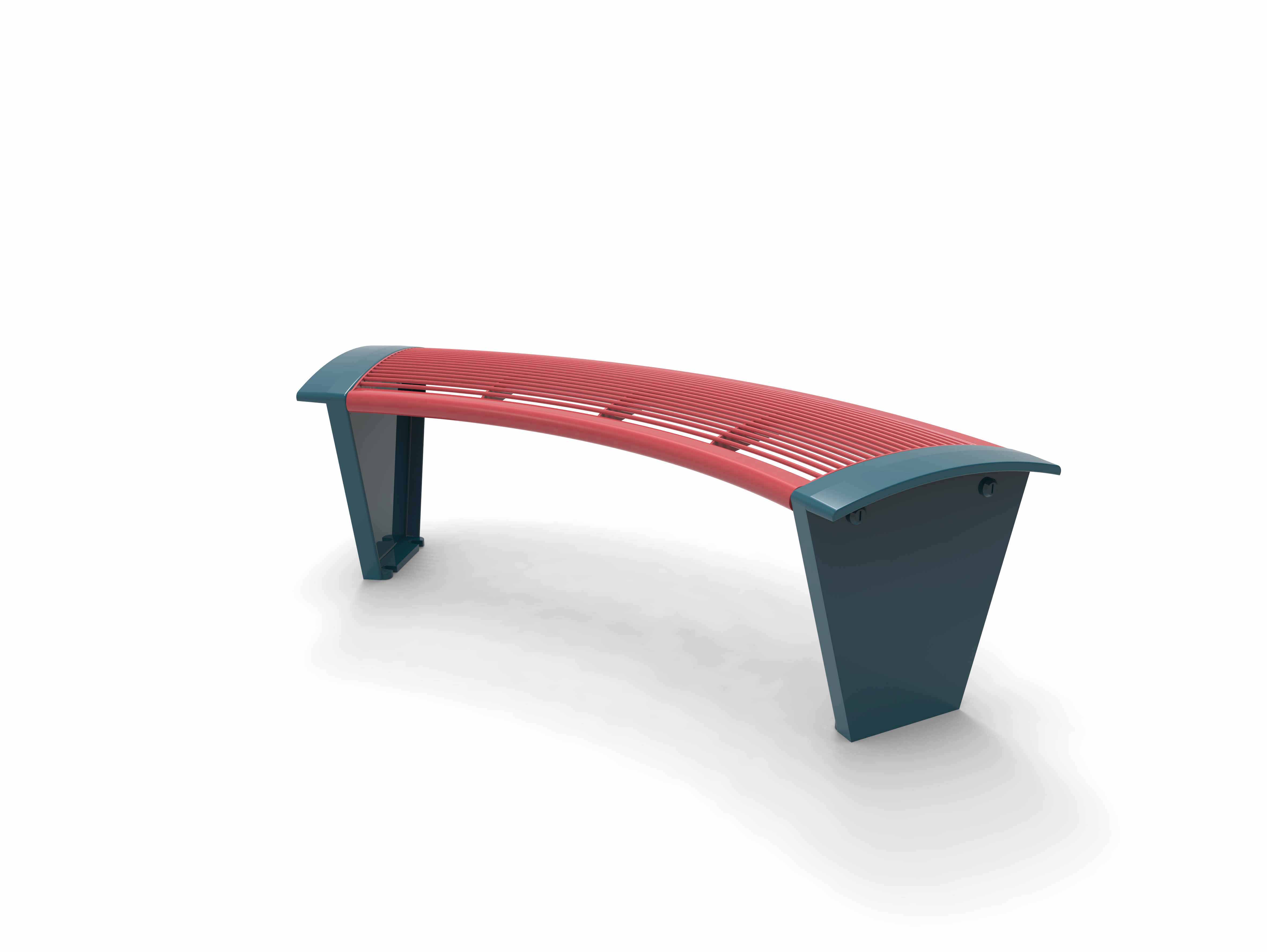 Gebogene Parkbank mit stilvollem Design, roter Sitzfläche und blauen Metallfüßen, geeignet für öffentliche Plätze