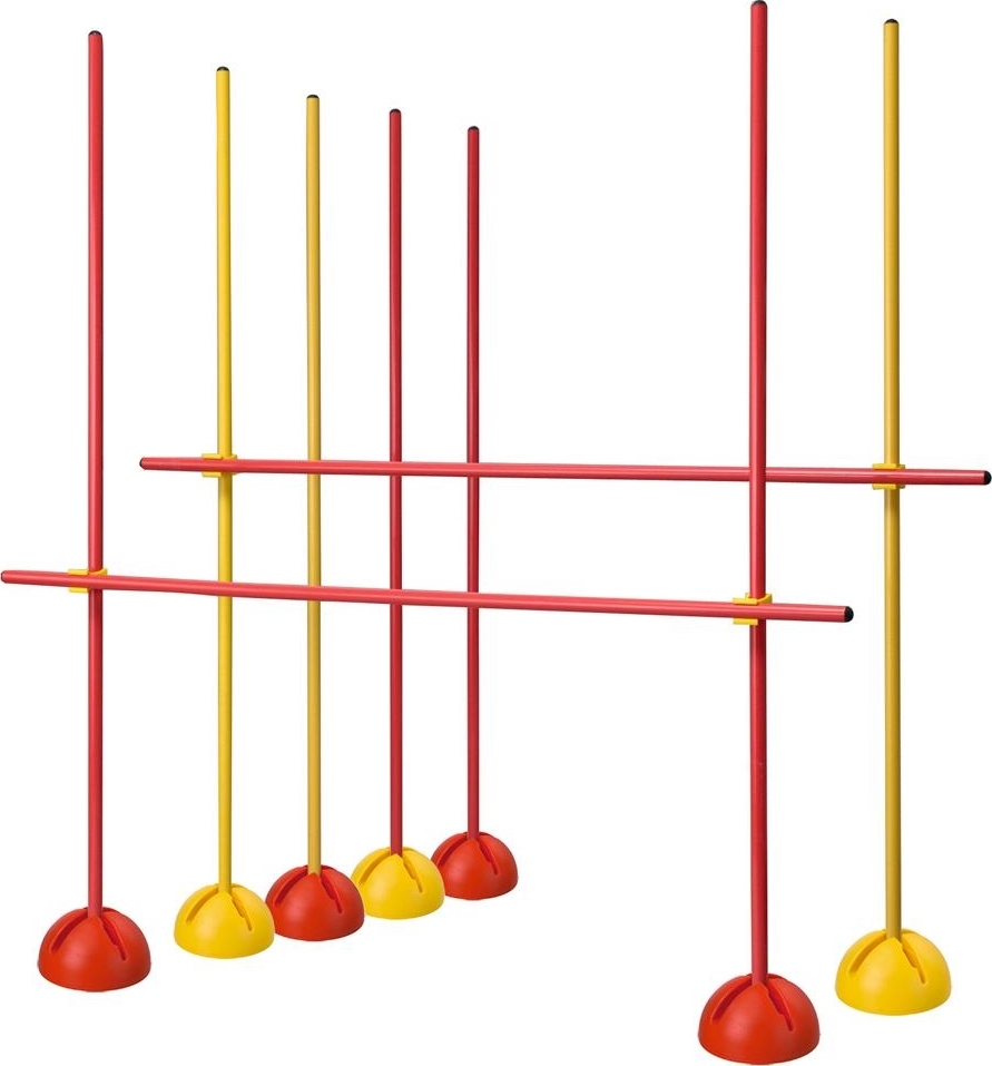 Stangenset mit roten und gelben Stangen und Basen, ideal für Agility-Training