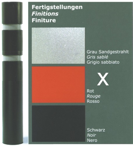 Farbmuster mit Optionen: Grau Sandgestrahlt, Rot, Schwarz