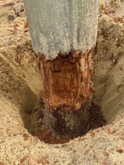 Nahaufnahme eines verfaulten Holzpfostens, teilweise im Sand vergraben