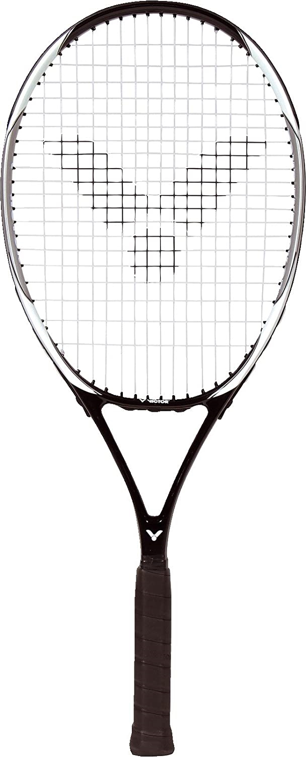 Schwarzer Carbon-Tennisracket mit weißem Bespannungsmuster, ideal für präzises Tennisspiel.