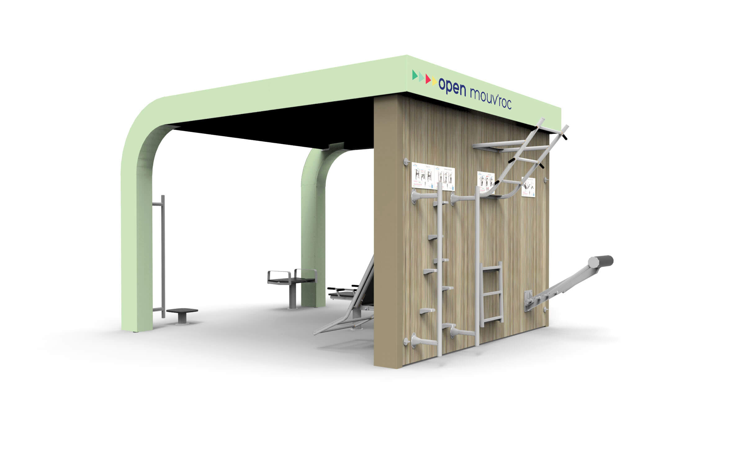 Représentation d'une station de fitness en plein air avec différents appareils d'entraînement et un mur d'escalade d'Open Mouvroc