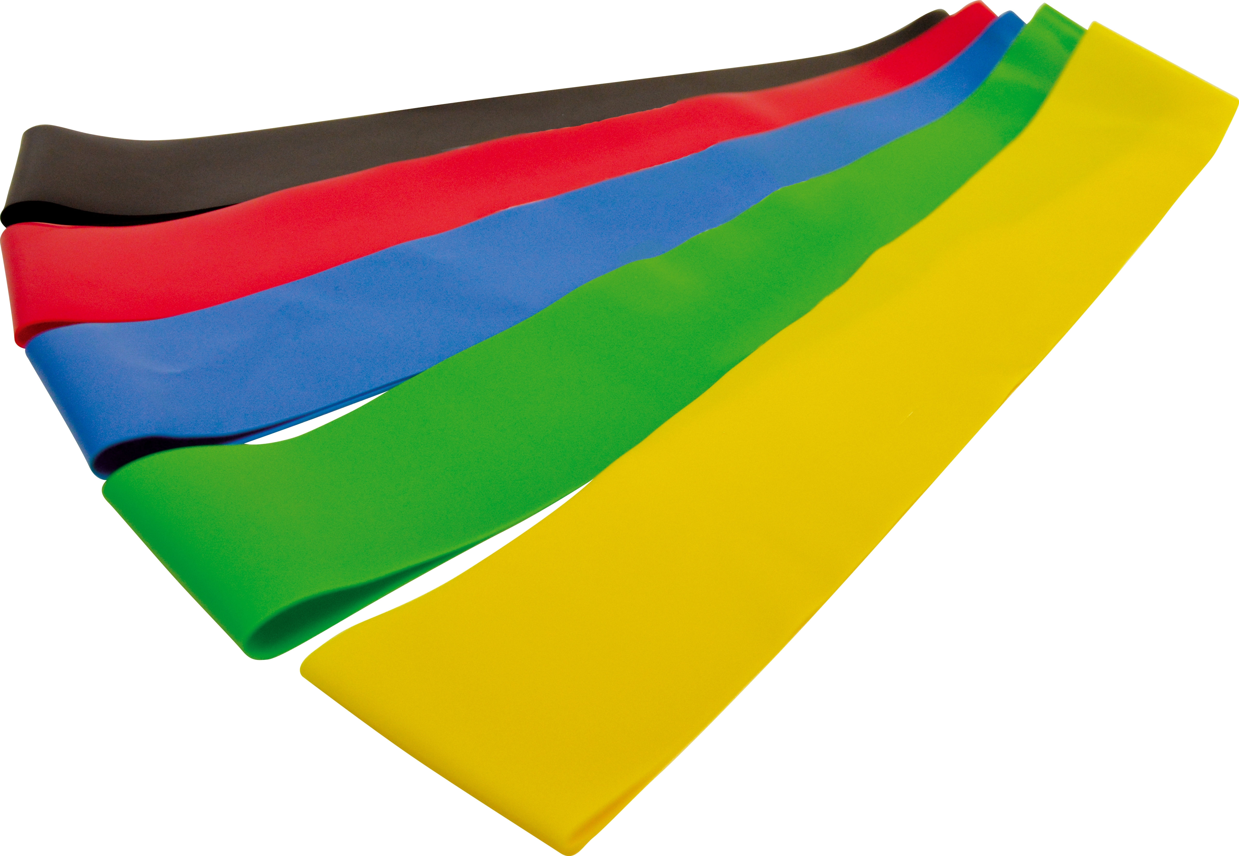 Cinq bandes de fitness colorées dans les couleurs noir, rouge, bleu, vert et jaune, côte à côte