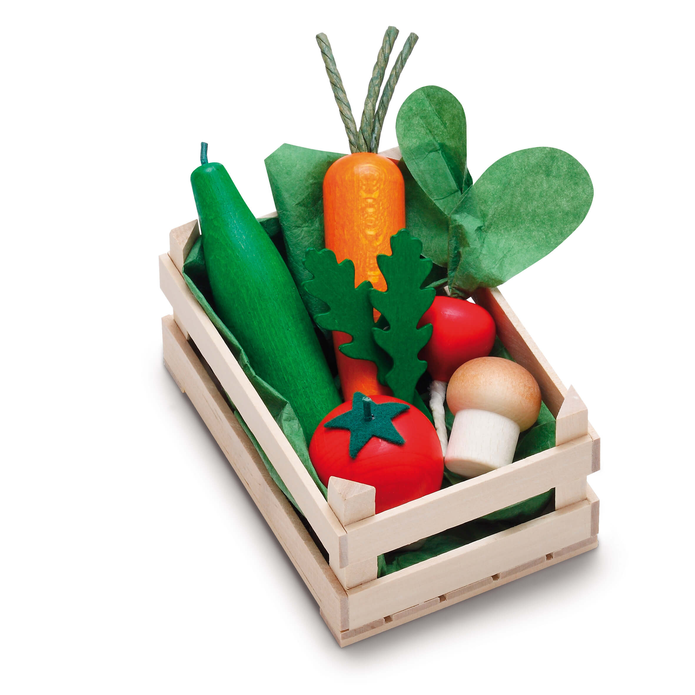 Eine Holzbox gefüllt mit Spielzeuggemüse wie Karotte, Tomate und Pilz aus Holz.