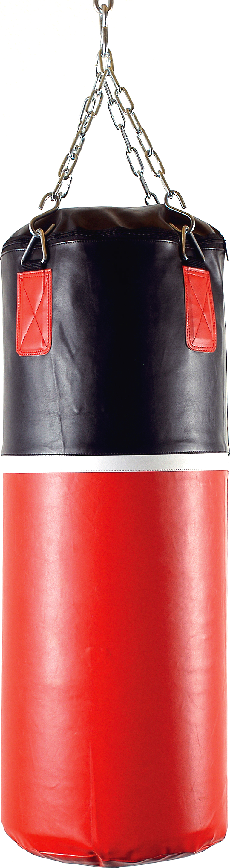 Ein hochwertiger Boxsack in Rot und Schwarz mit Kettenaufhängung, ideal für Box- und Fitnessübungen