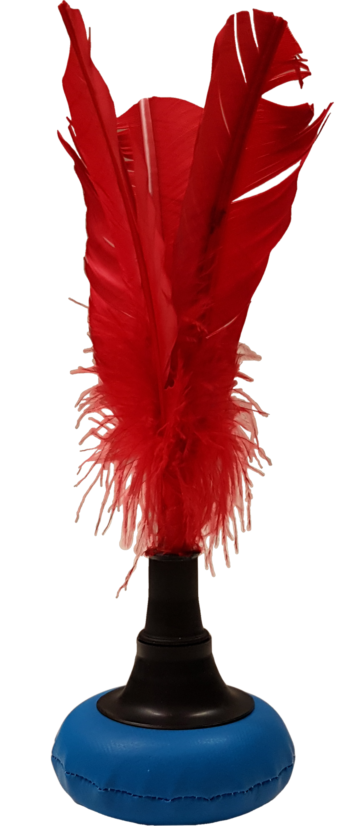 Ein roter Federball mit schwarzem Griff und blauem Boden, ideal für das traditionelle asiatische Sportspiel Jianzi