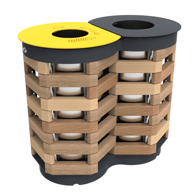 Stylischer Mülleimer aus Holz und Metall mit gelbem und schwarzem Deckel für Recyclingzwecke