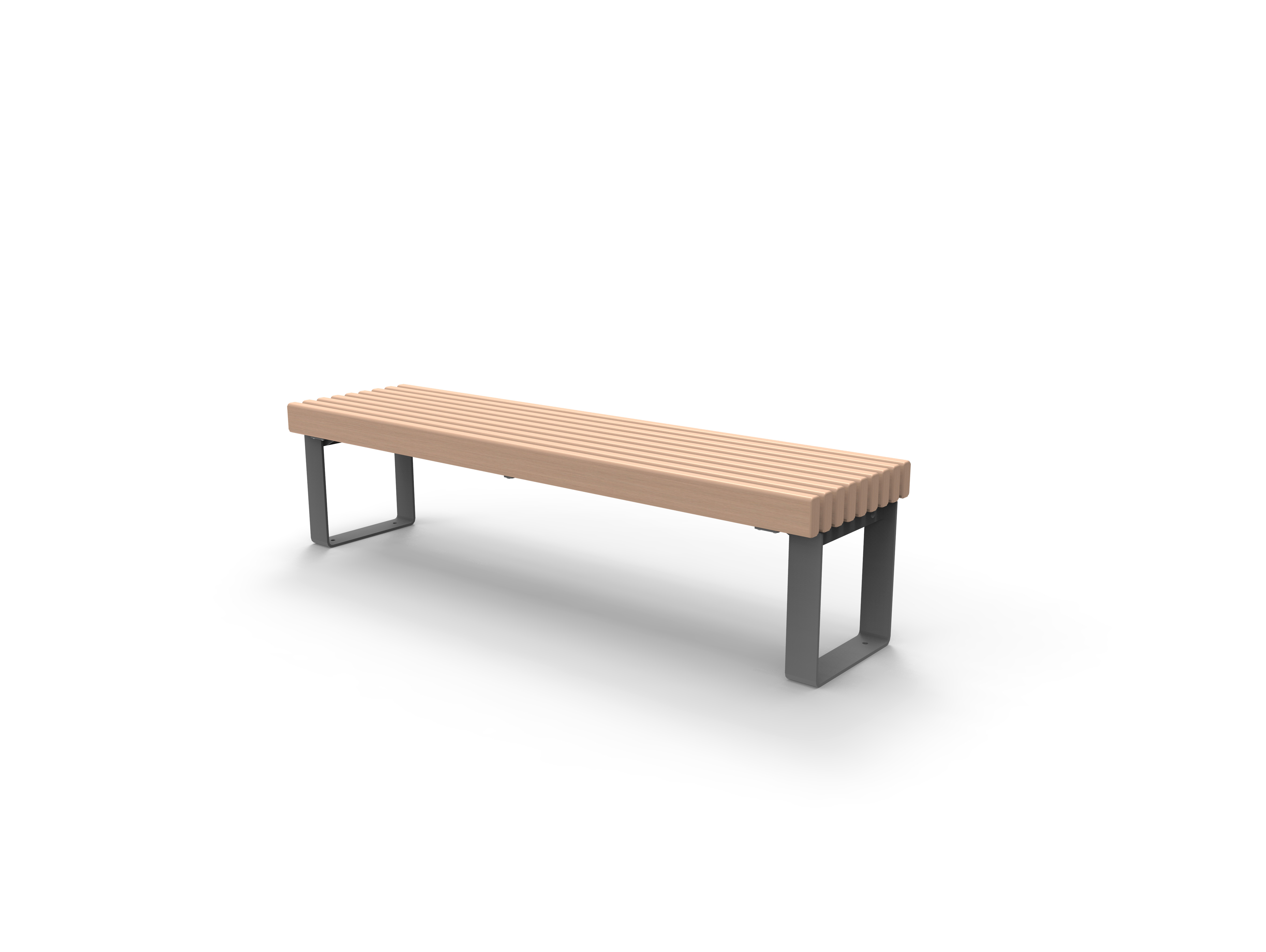 Eine lange, schlichte Parkbank mit einer Sitzfläche aus Holzlatten und einem stabilen Metallgestell.