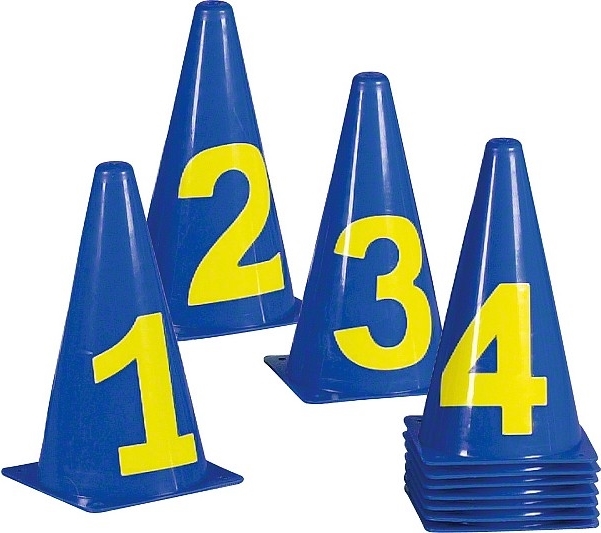 Blau-gelbe Markierungskegel 1 bis 4 für Trainings- und Sportplatzmarkierungen