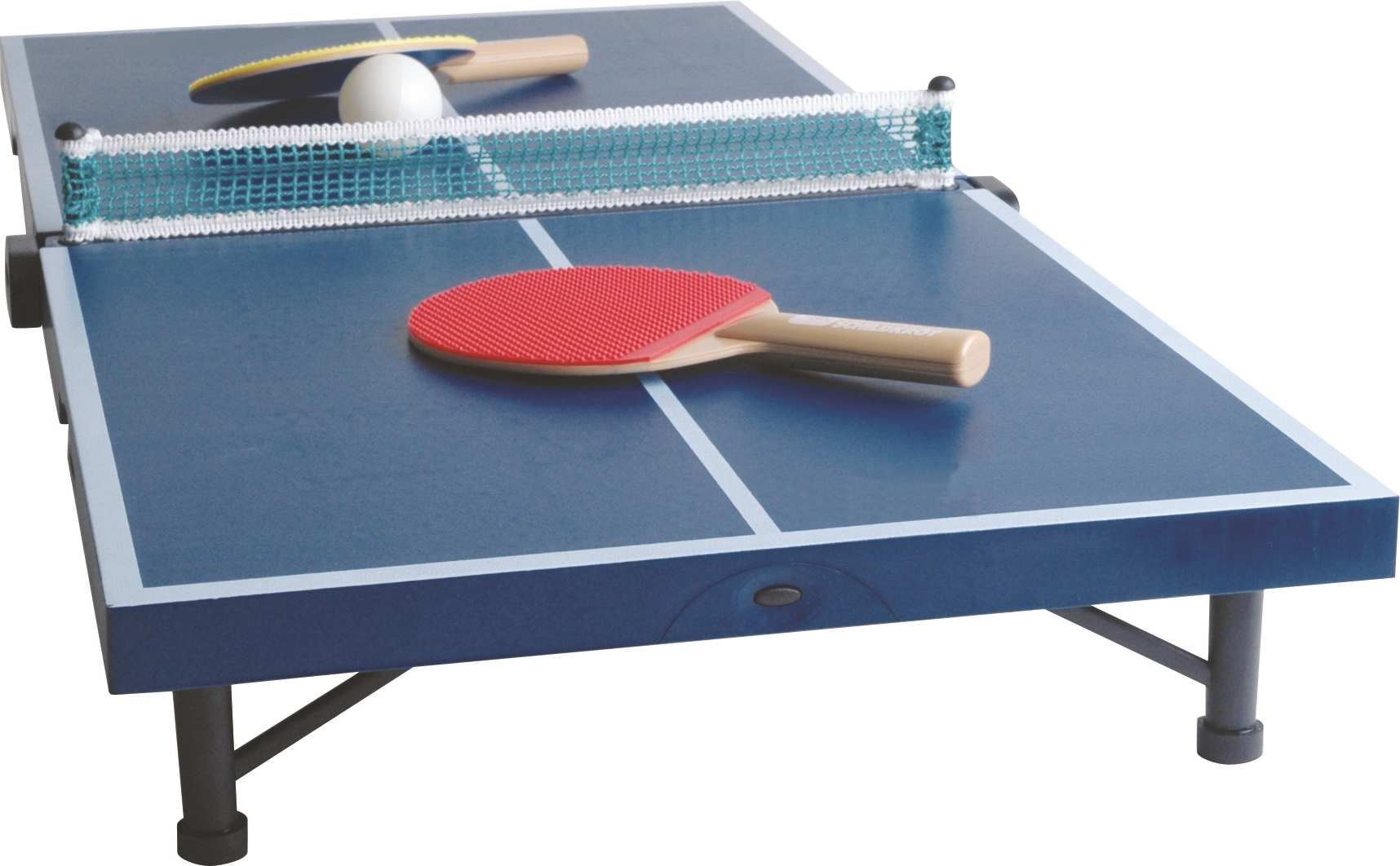 Abbildung einer Mini-Tischtennisplatte mit Netz, einem roten und einem gelben Schläger, sowie einem Ball