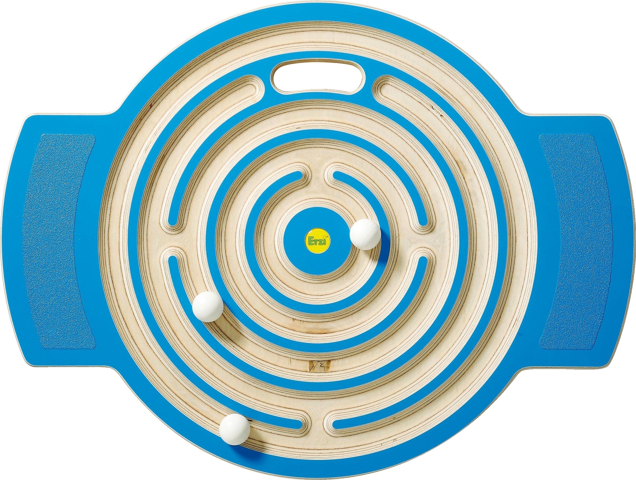 Jeu de labyrinthe en bois avec bordure bleue et boules blanches