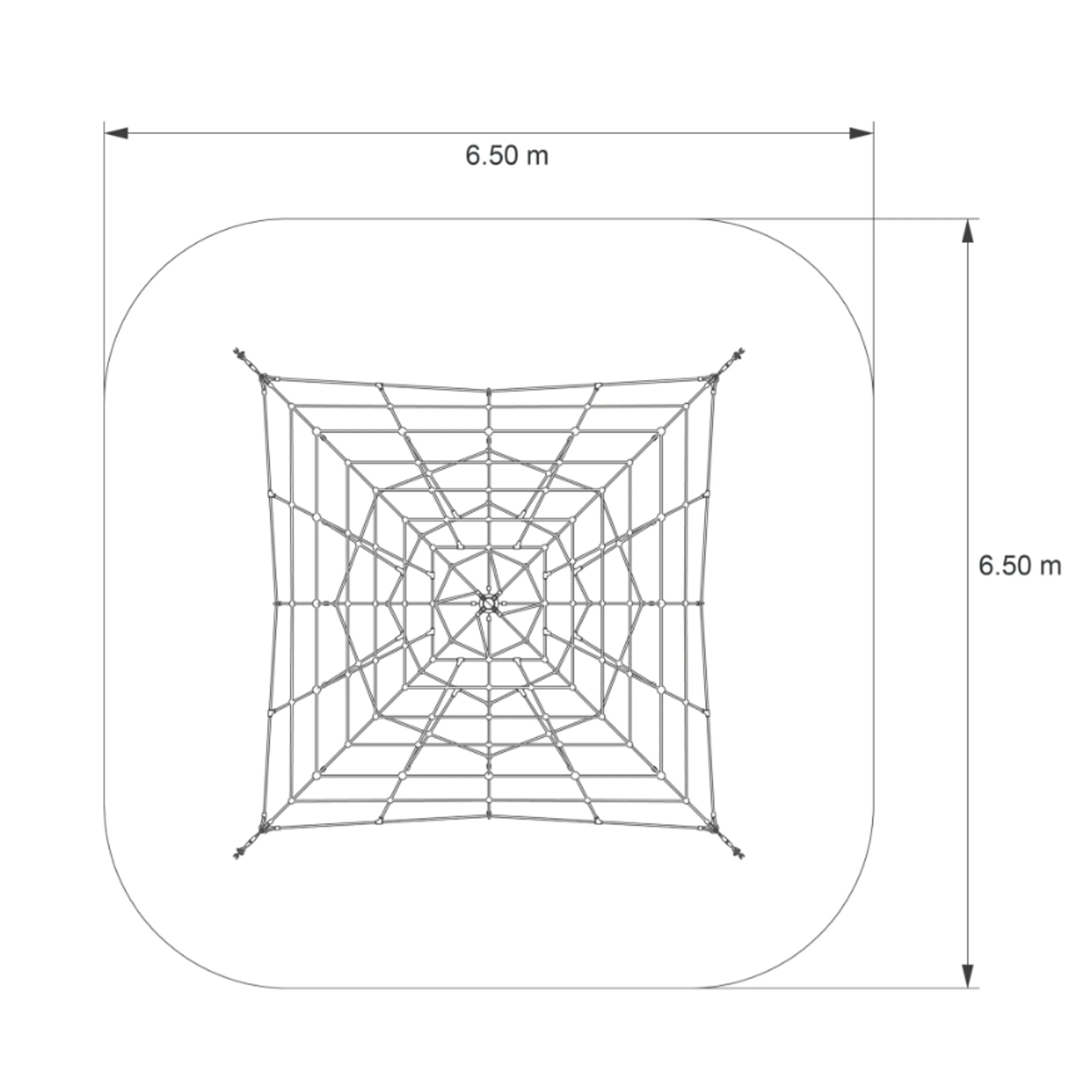 Technische Draufsicht der Ullman Kletterpyramide Typ 300-95 mit Netzboden, quadratisches Herkules-Kletternetz, Spielplatzgerät 6,50 x 6,50 m
