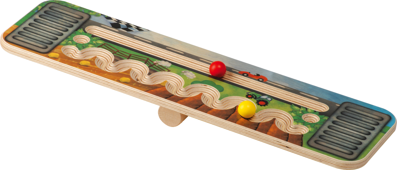 Jouet en bois Planche d'équilibre avec deux boules colorées et un motif de rue avec des voitures et un paysage.
