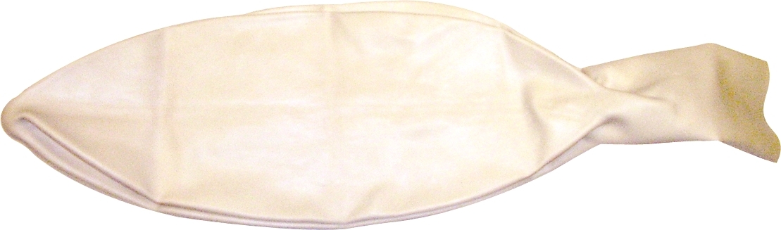 Unaufgeblasener weißer Ballon in Form eines Fisches, aus Latex gefertigt