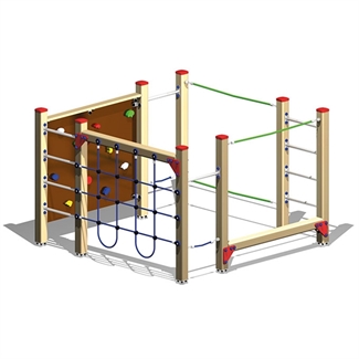 Une structure d'escalade pour enfants avec plusieurs éléments à grimper et des cordes à grimper, idéale pour l'aire de jeux en plein air.