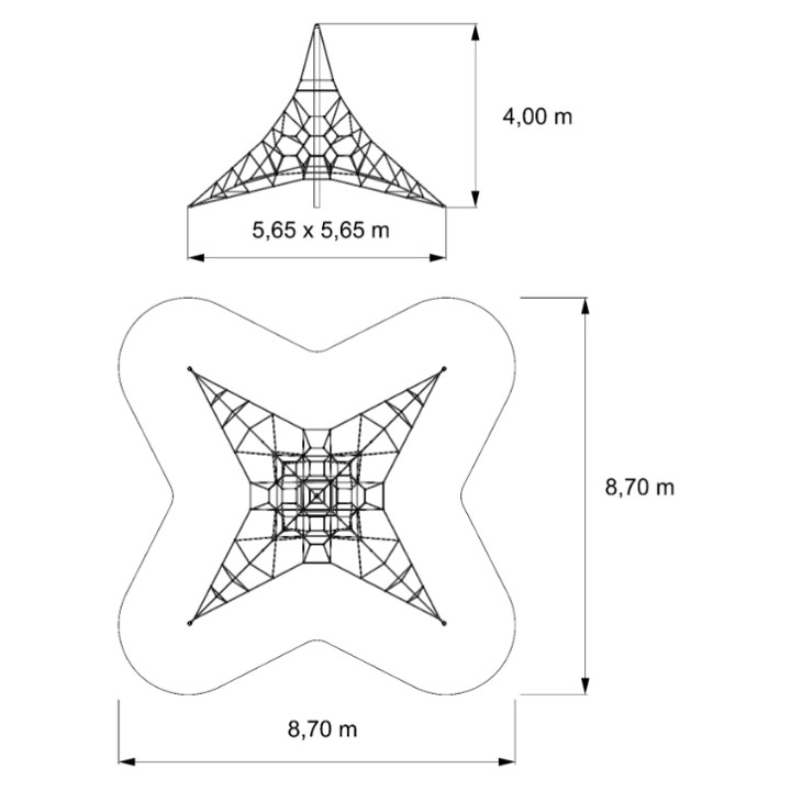 Technische Zeichnung einer quadratischen Kletterpyramide mit Netz, Höhe 4,00 m, Grundfläche 5,65 x 5,65 m und Sicherheitsbereich 8,70 x 8,70 m
