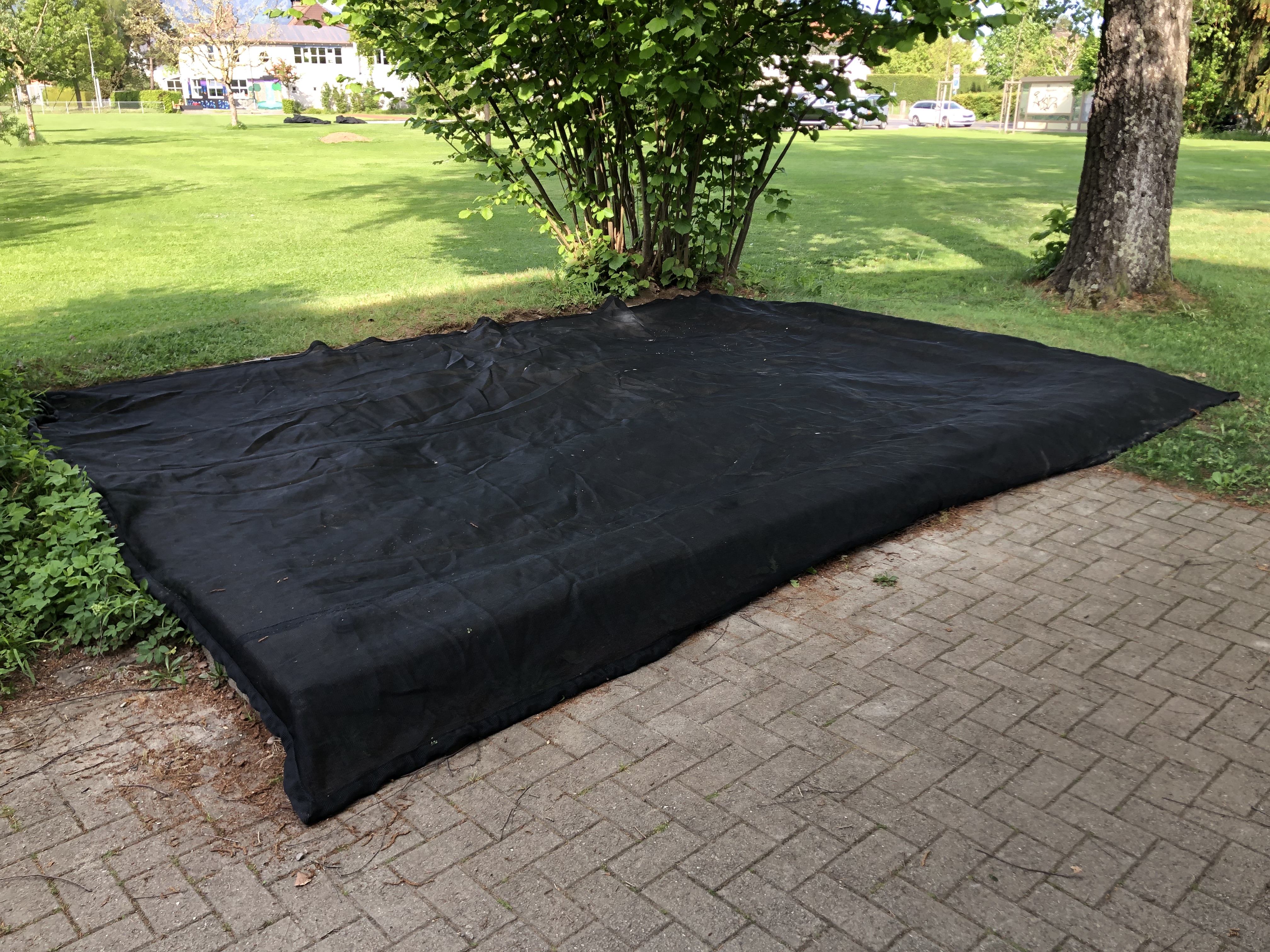 Schwarze Bodenabdeckung auf einem gepflasterten Weg neben einer Rasenfläche