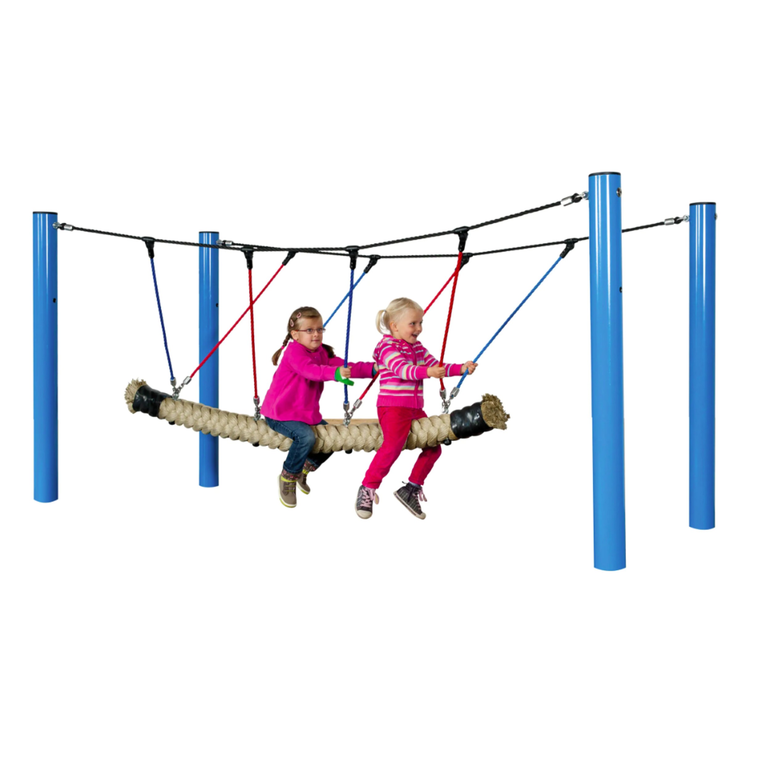 Raupenschaukel von Ullman mit robustem Usacord Wohlfühlnetz, gepolsterten Schaukelringen und Herkules-Seilen, auf der zwei Kinder sicher schaukeln